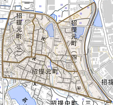 招提元町とその周辺の地図。町の範囲を重ねている