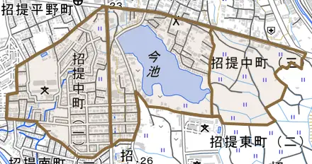 招提中町とその周辺の地図。町の範囲を重ねている