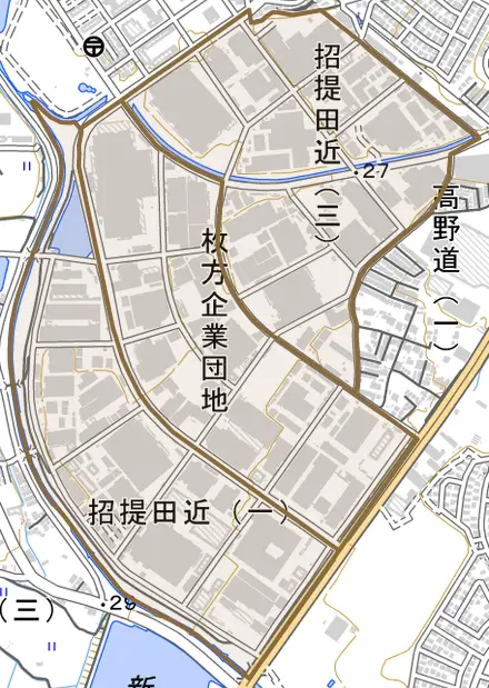 招提田近とその周辺の地図。町の範囲を重ねている