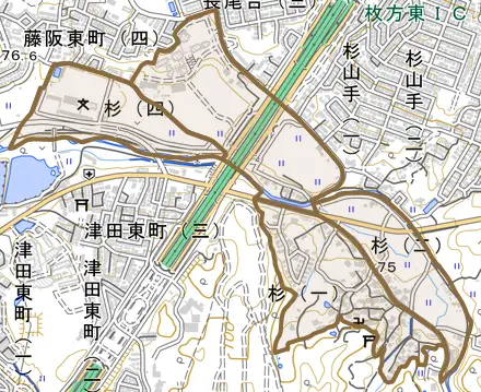 杉とその周辺の地図。町の範囲を重ねている