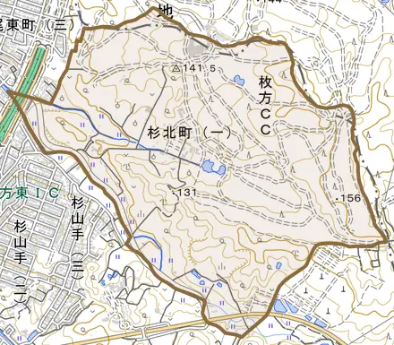 杉北町とその周辺の地図。町の範囲を重ねている