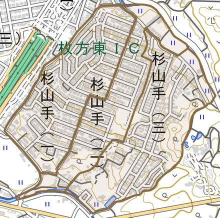 杉山手とその周辺の地図。町の範囲を重ねている