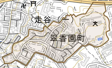 翠香園町とその周辺の地図。町の範囲を重ねている