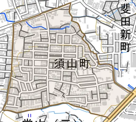 須山町とその周辺の地図。町の範囲を重ねている