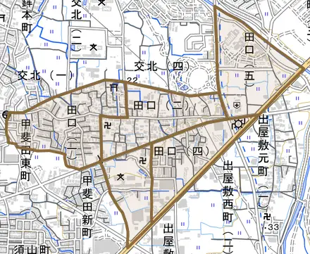 田口とその周辺の地図。町の範囲を重ねている