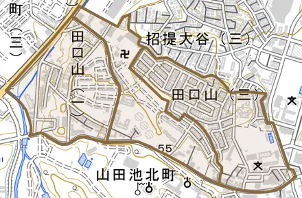 田口山とその周辺の地図。町の範囲を重ねている