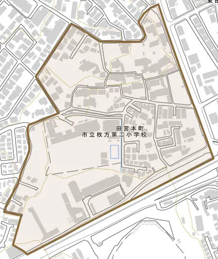 田宮本町とその周辺の地図。町の範囲を重ねている