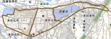津田北町とその周辺の地図。町の範囲を重ねている