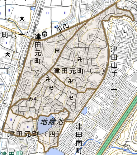 津田元町とその周辺の地図。町の範囲を重ねている