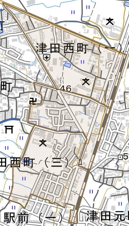 津田西町とその周辺の地図。町の範囲を重ねている