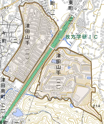 津田山手とその周辺の地図。町の範囲を重ねている