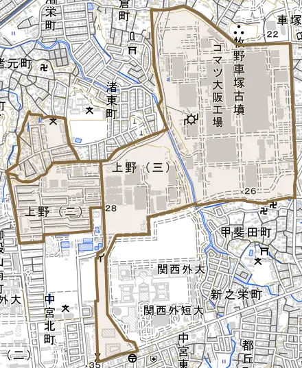 上野とその周辺の地図。町の範囲を重ねている