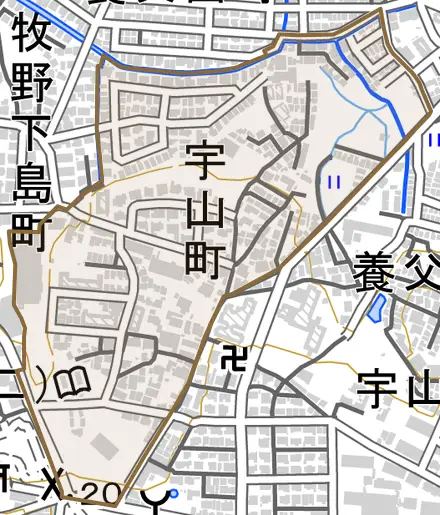 宇山町とその周辺の地図。町の範囲を重ねている