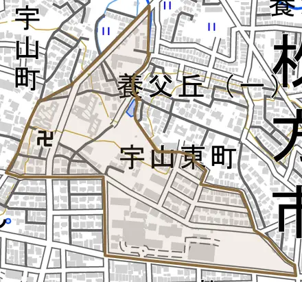宇山東町とその周辺の地図。町の範囲を重ねている