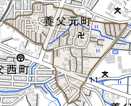 養父元町とその周辺の地図。町の範囲を重ねている