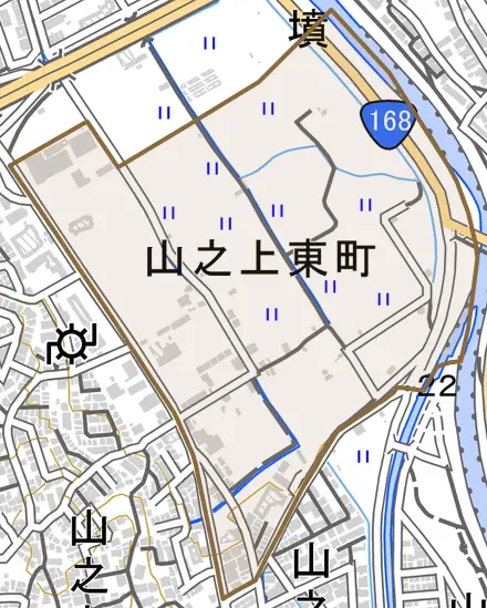 山之上東町とその周辺の地図。町の範囲を重ねている