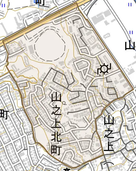 山之上北町とその周辺の地図。町の範囲を重ねている