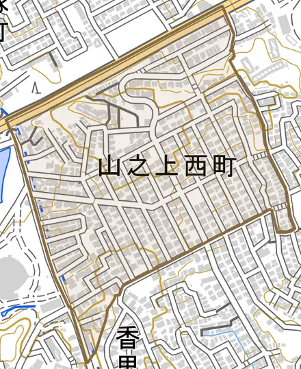 山之上西町とその周辺の地図。町の範囲を重ねている