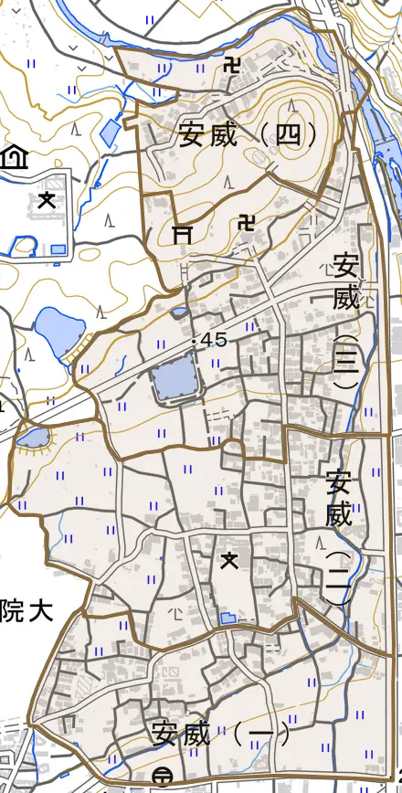 安威とその周辺の地図。町の範囲を重ねている
