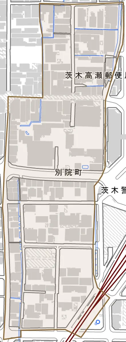 別院町とその周辺の地図。町の範囲を重ねている