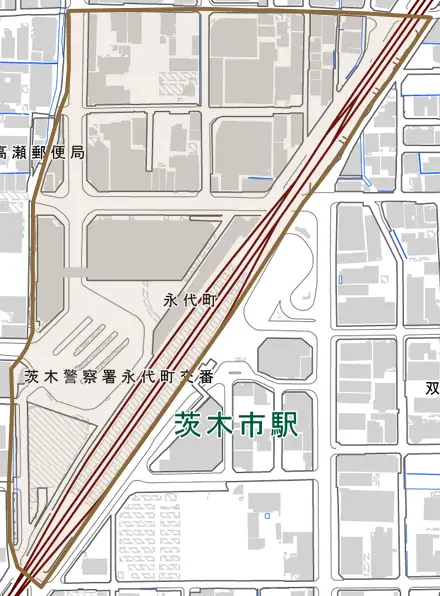 永代町とその周辺の地図。町の範囲を重ねている