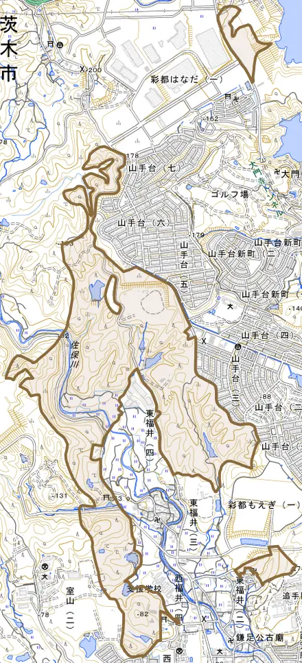 大字福井とその周辺の地図。町の範囲を重ねている