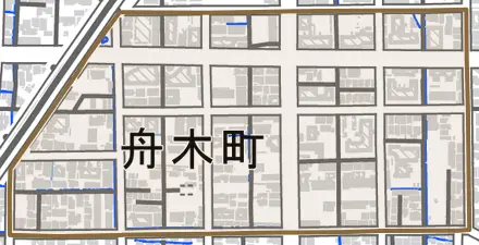 舟木町とその周辺の地図。町の範囲を重ねている