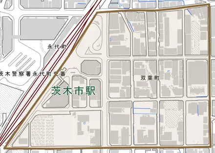 双葉町とその周辺の地図。町の範囲を重ねている