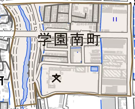 学園南町とその周辺の地図。町の範囲を重ねている