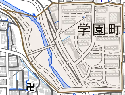 学園町とその周辺の地図。町の範囲を重ねている