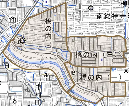 橋の内とその周辺の地図。町の範囲を重ねている