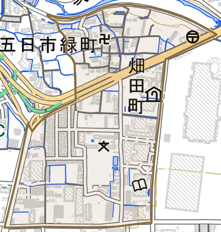 畑田町とその周辺の地図。町の範囲を重ねている