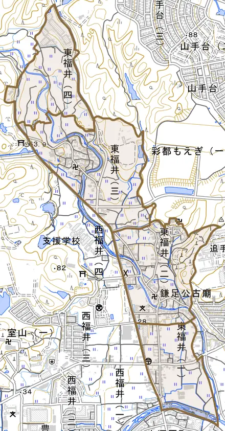 東福井とその周辺の地図。町の範囲を重ねている