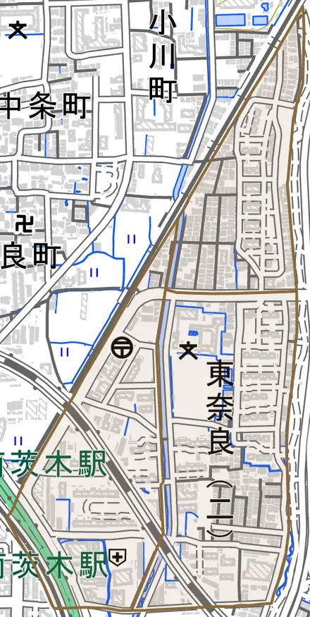 東奈良とその周辺の地図。町の範囲を重ねている
