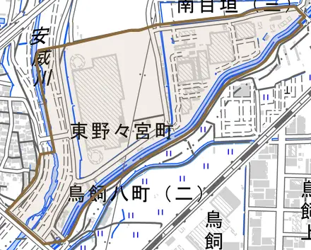 東野々宮町とその周辺の地図。町の範囲を重ねている