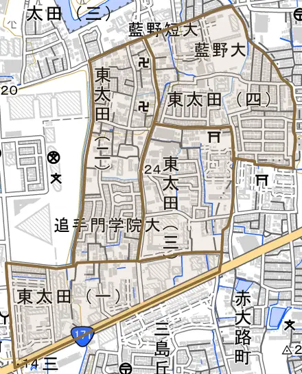 東太田とその周辺の地図。町の範囲を重ねている