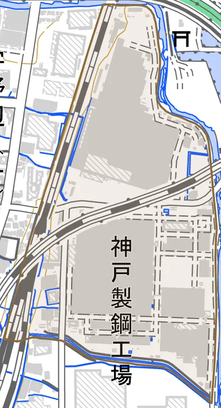 東宇野辺町とその周辺の地図。町の範囲を重ねている