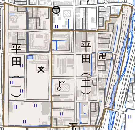 平田とその周辺の地図。町の範囲を重ねている