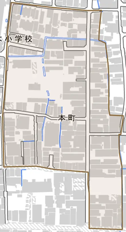 本町とその周辺の地図。町の範囲を重ねている