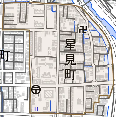 星見町とその周辺の地図。町の範囲を重ねている