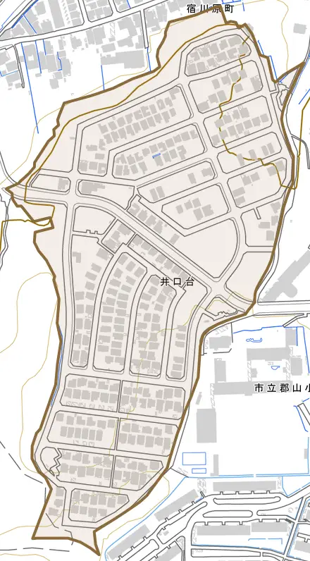 井口台とその周辺の地図。町の範囲を重ねている
