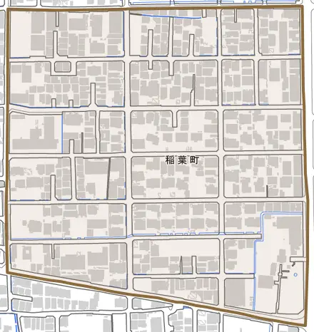稲葉町とその周辺の地図。町の範囲を重ねている