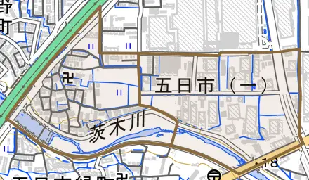 五日市とその周辺の地図。町の範囲を重ねている