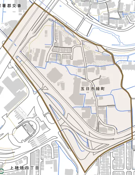 五日市緑町とその周辺の地図。町の範囲を重ねている