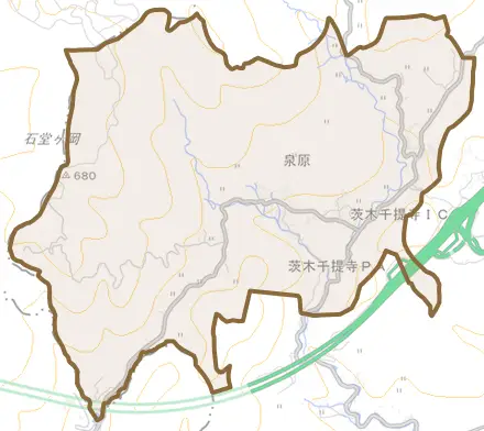大字泉原とその周辺の地図。町の範囲を重ねている