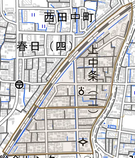 上中条とその周辺の地図。町の範囲を重ねている