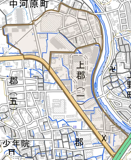 上郡とその周辺の地図。町の範囲を重ねている