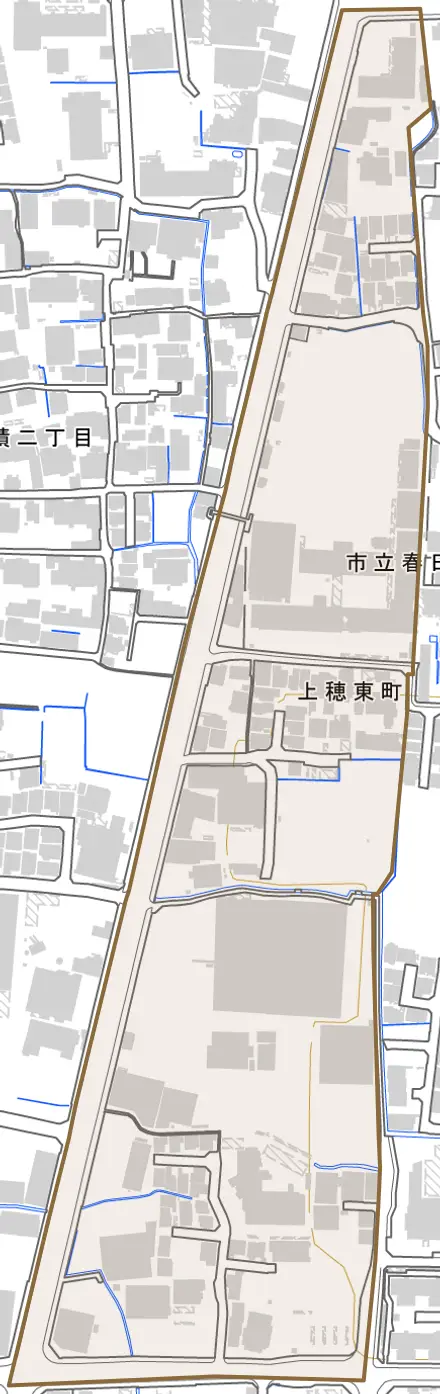 上穂東町とその周辺の地図。町の範囲を重ねている