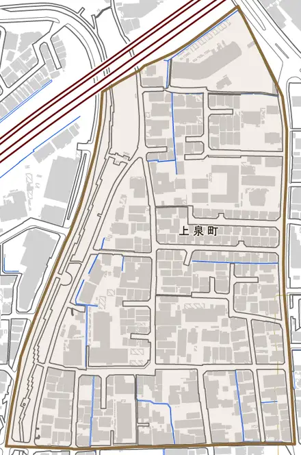上泉町とその周辺の地図。町の範囲を重ねている