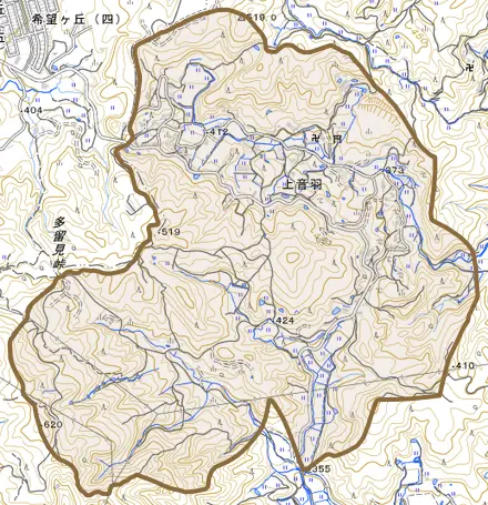 大字上音羽とその周辺の地図。町の範囲を重ねている